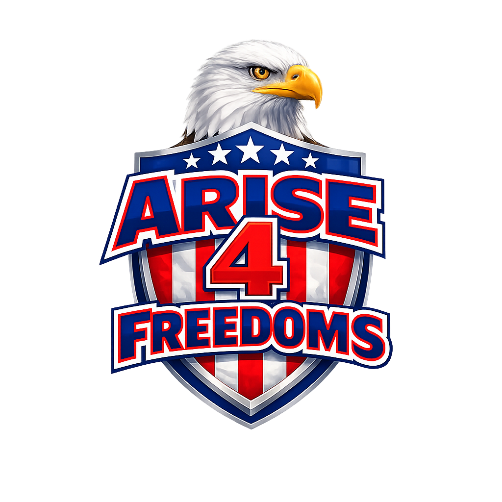 Arise 4 Freedoms logo featuring bald eagle and patriotic shield