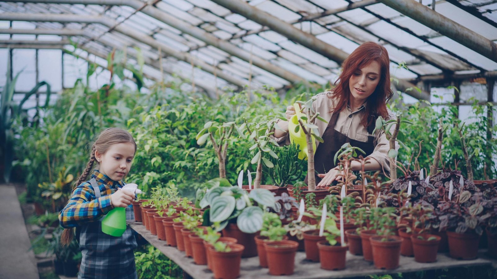 Mother and daughter tending to plants in a greenhouse, promoting family bonding and nature care.